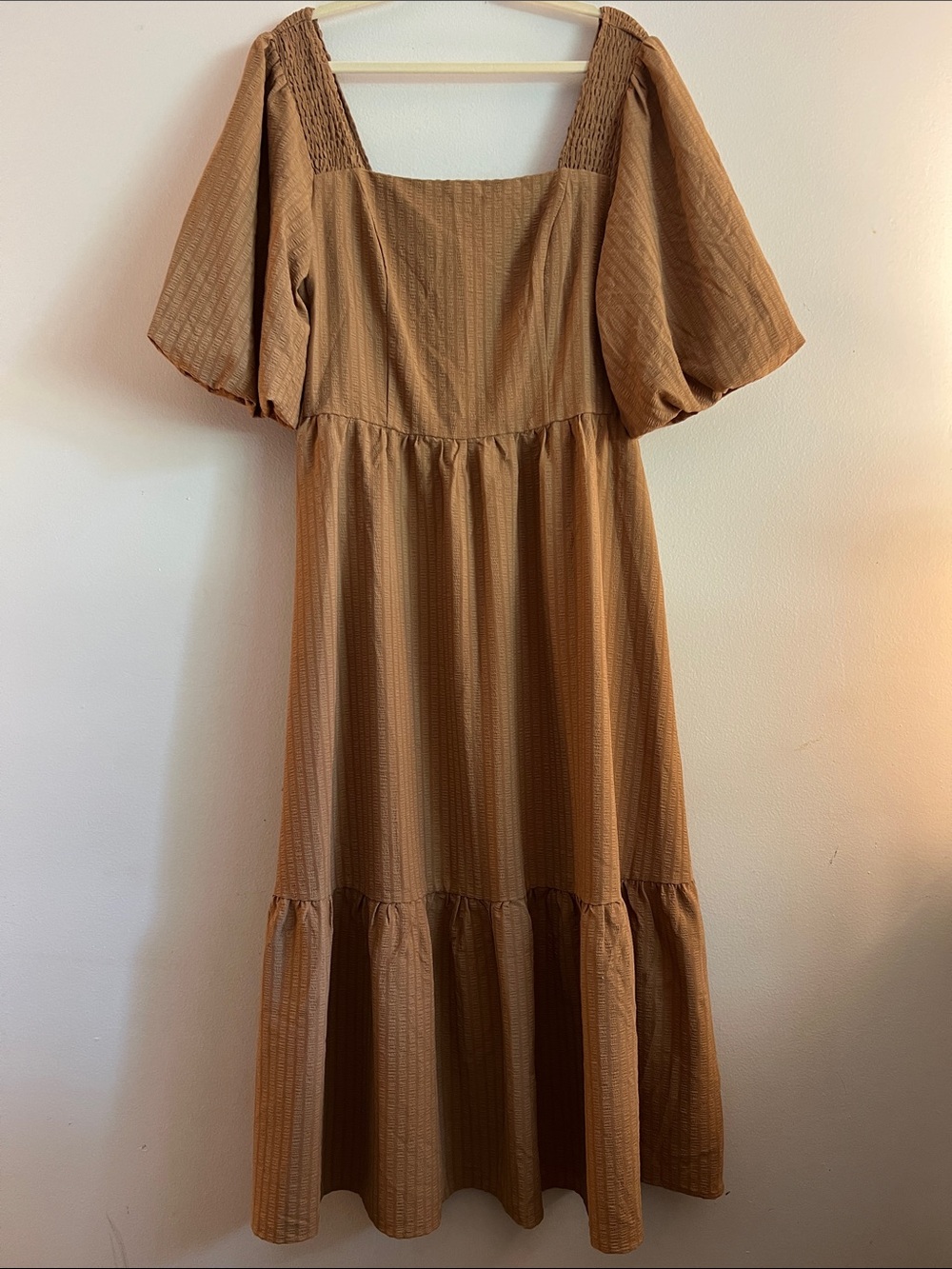 NWT Oddi Camel Puff Sleeve Square Neck Midi Boho Style Dress - Picture 3 of 5